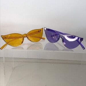 BRAND NEW - LOT OF 2 Rimless Colored Cat Eye Sunglasses RETRO - Yellow/Purple